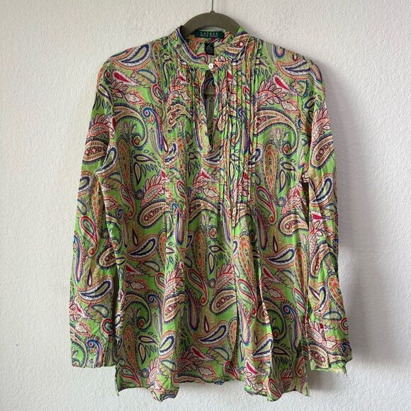 Lauren Ralph Lauren Green Paisley Print Cotton Top Blouse Sz M Lightweight Boho - Picture 6 of 7